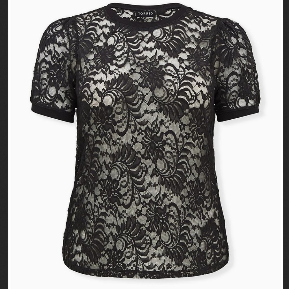 Torrid size M/L(10) sheer stretch lace puff sleeve top, NWT
